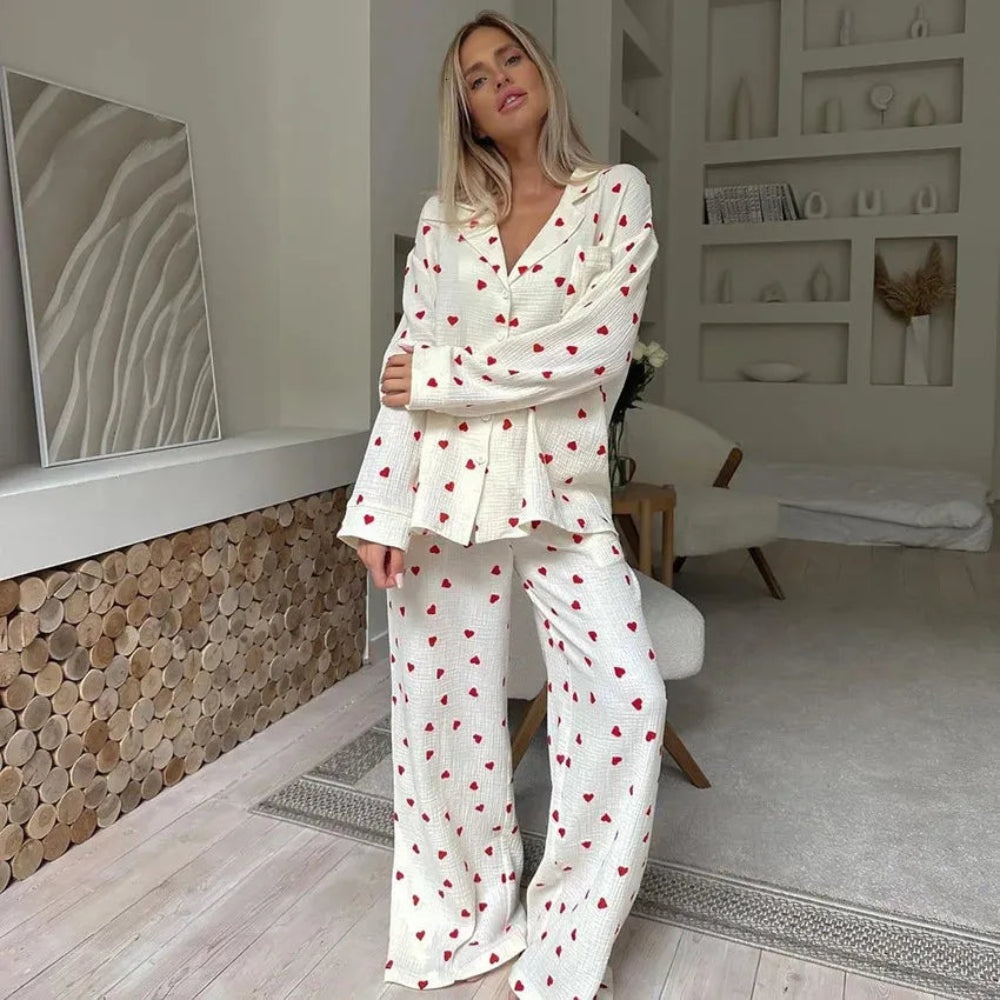 Womens Heart Print Pajama Set - Long Sleeve Button Up
