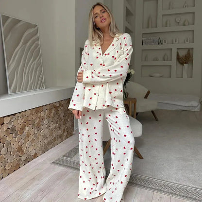 Womens Heart Print Pajama Set - Long Sleeve Button Up