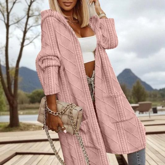 Women's Long Cable Knit Cardigan - Hooded Open Front