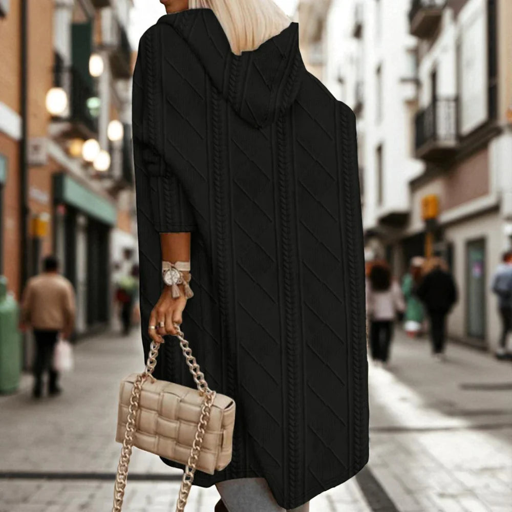 Women's Long Cable Knit Cardigan - Hooded Open Front