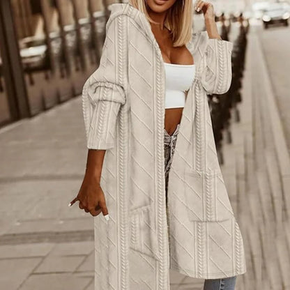 Women's Long Cable Knit Cardigan - Hooded Open Front