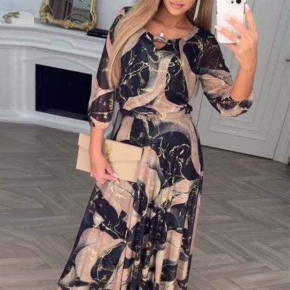 Womens Long Sleeve Abstract Evening Dress - Belted Maxi