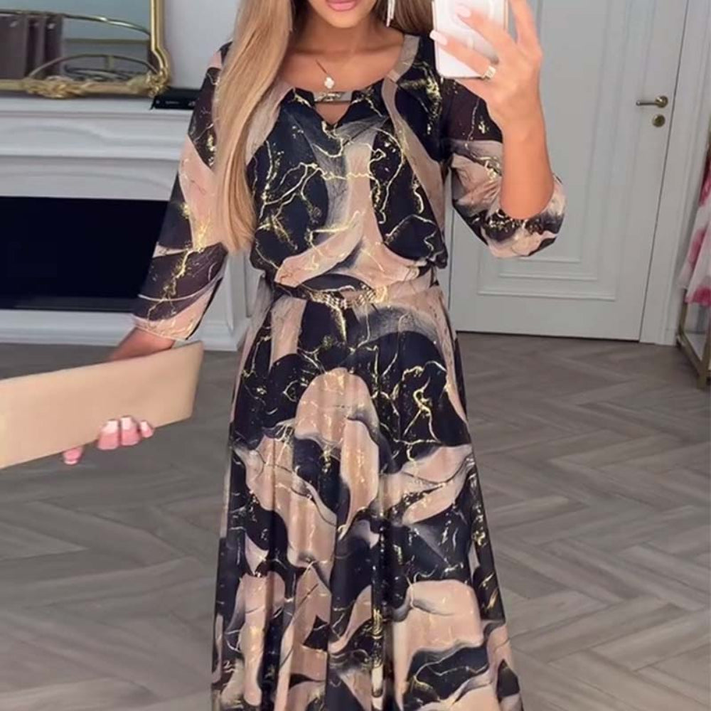 Womens Long Sleeve Abstract Evening Dress - Belted Maxi