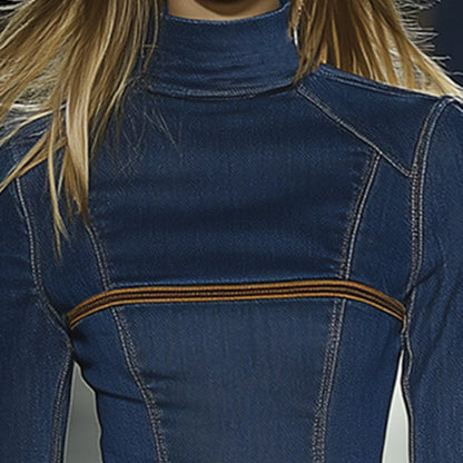 Womens Long Sleeve Turtleneck Bodycon Denim Dress - Mini