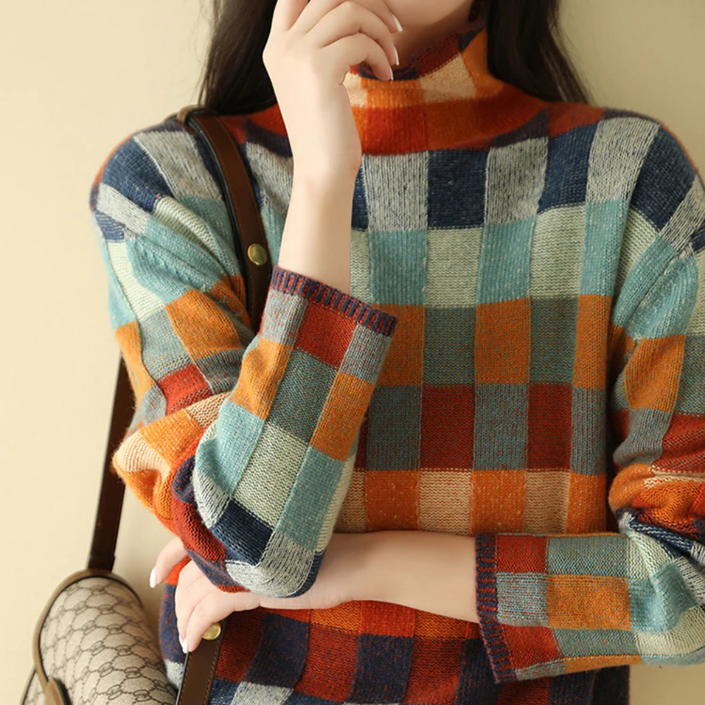 Womens Oversized Multicolored Checked Knit Sweater Cozy Style  2