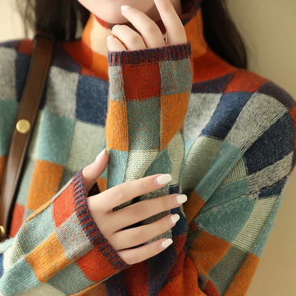 Womens Oversized Multicolored Checked Knit Sweater Cozy Style  3