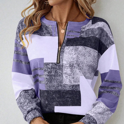 Womens Patchwork Quarter Zip Pullover - Long Sleeve