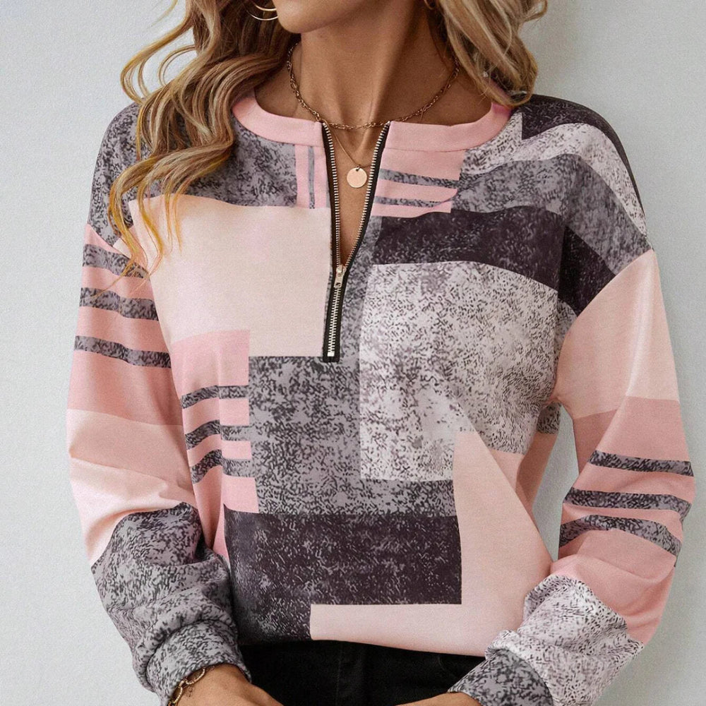 Womens Patchwork Quarter Zip Pullover - Long Sleeve