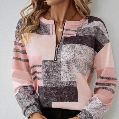 Womens Patchwork Quarter Zip Pullover - Long Sleeve