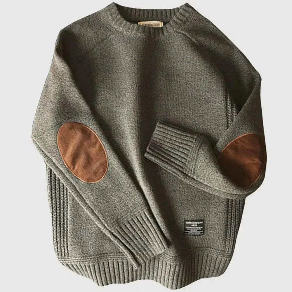 Men's Crew Neck Knit Jumper | Warm Long Sleeve Elbow Patch
