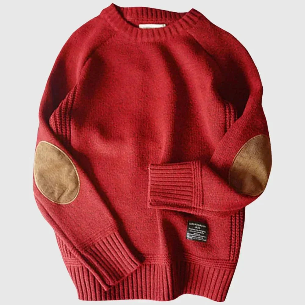 Men's Crew Neck Knit Jumper | Warm Long Sleeve Elbow Patch