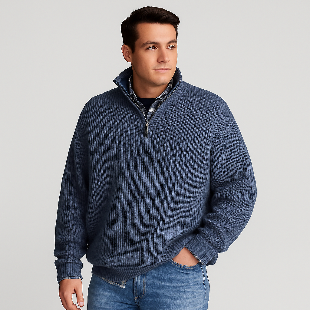 Men's Ribbed Knit Half Zip Jumper | Warm Long Sleeve Pullover