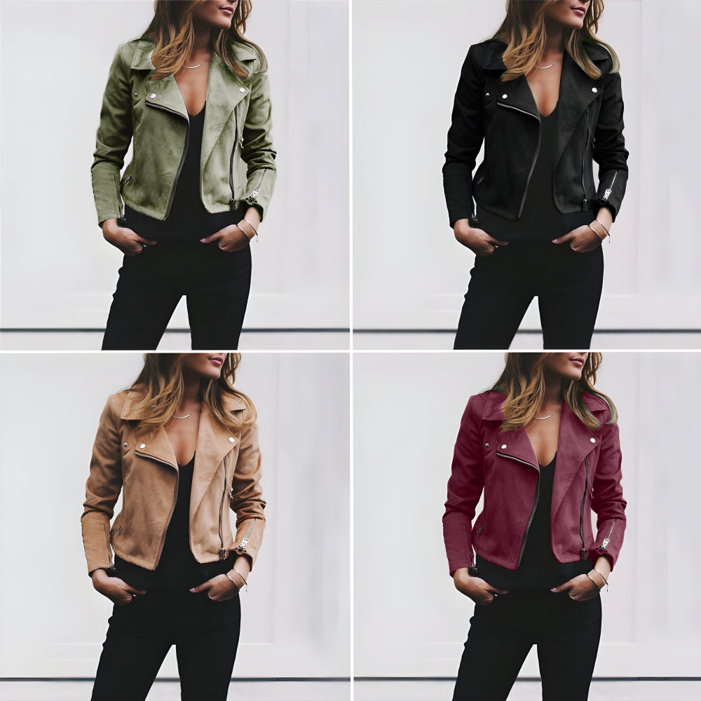 Women Faux Suede Biker Jacket | Slim Fit Zip Up Moto Coat