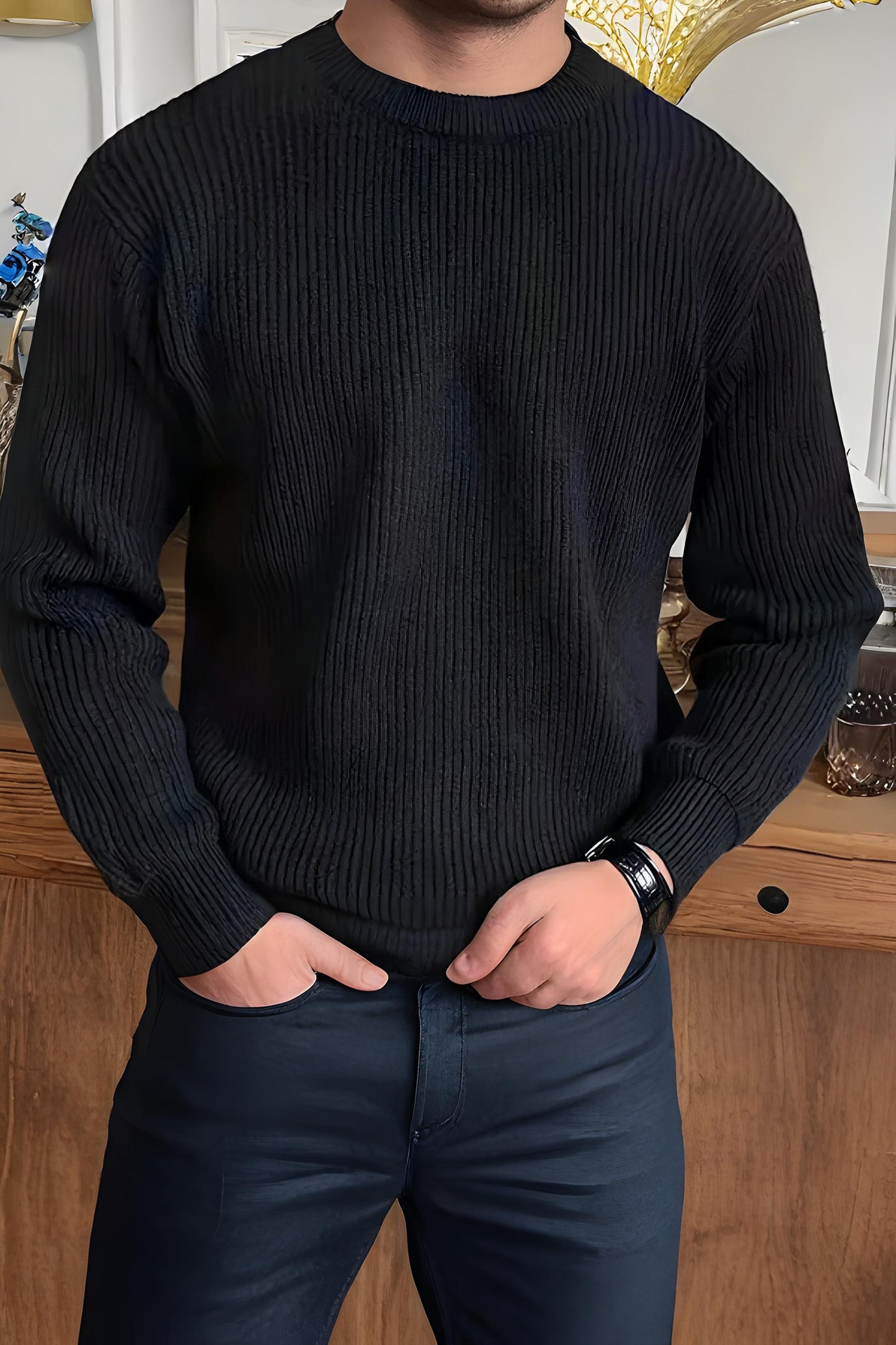 Men’s Classic Crew Neck Jumper | Warm Ribbed Long Sleeve Knitwear