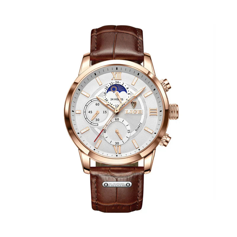 Men’s Elegant Leather Chronograph Watch | Quartz Moonphase