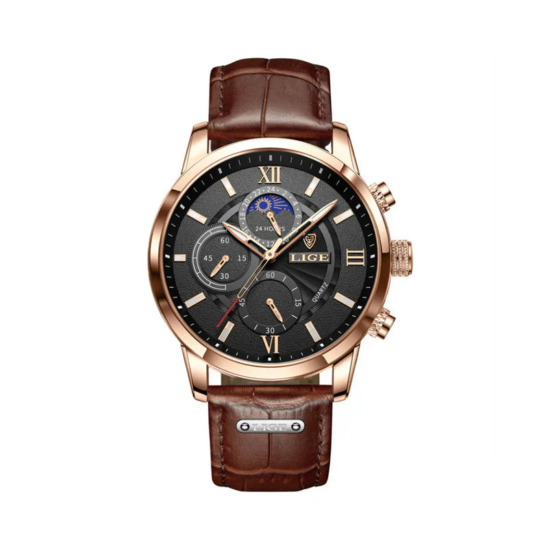 Men’s Elegant Leather Chronograph Watch | Quartz Moonphase