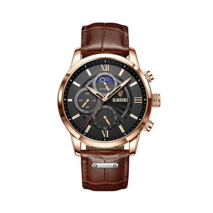 Men’s Elegant Leather Chronograph Watch | Quartz Moonphase