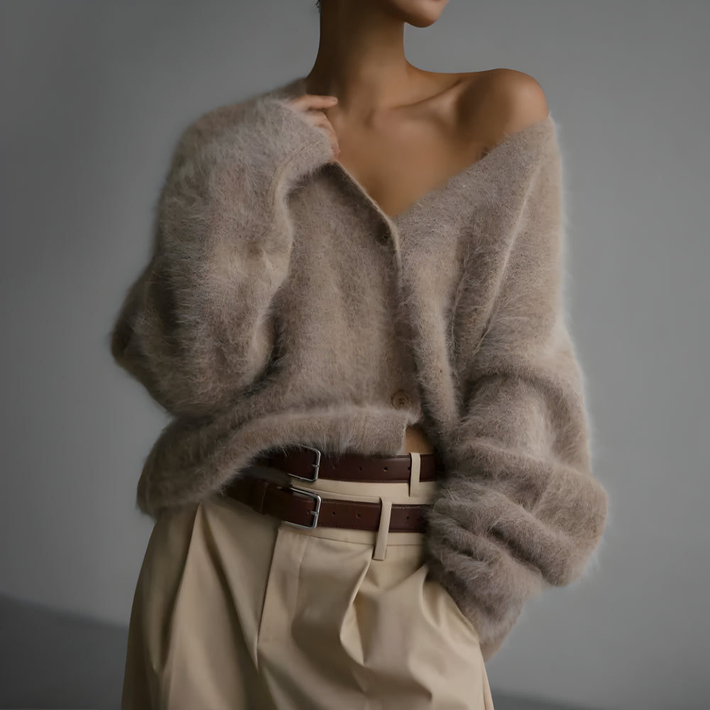 Women Oversized Fuzzy Cardigan | Soft Knitwear V Neck Sweater