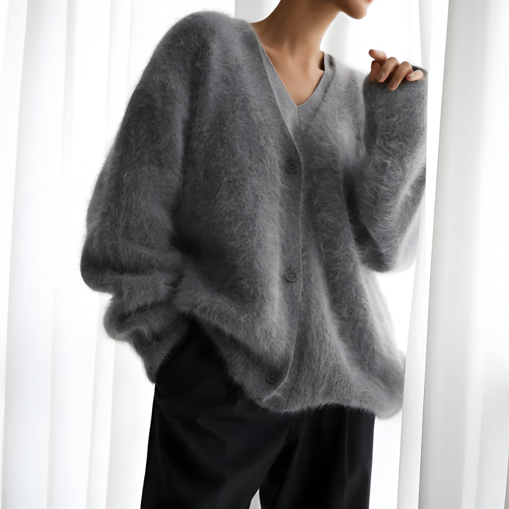 Women Oversized Fuzzy Cardigan | Soft Knitwear V Neck Sweater