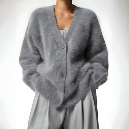 Women Oversized Fuzzy Cardigan | Soft Knitwear V Neck Sweater
