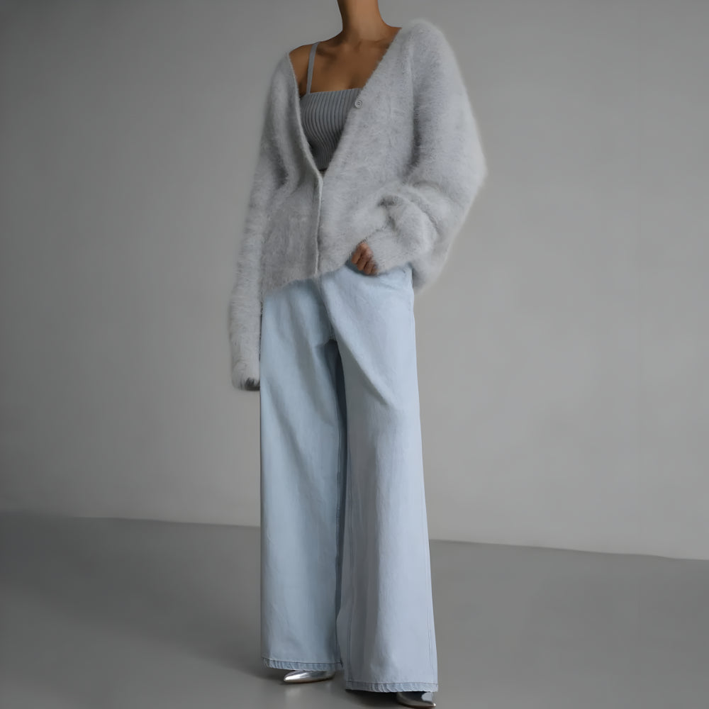 Women Oversized Fuzzy Cardigan | Soft Knitwear V Neck Sweater