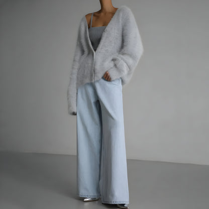 Women Oversized Fuzzy Cardigan | Soft Knitwear V Neck Sweater