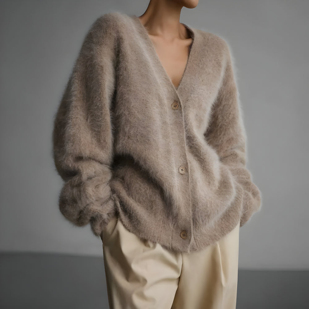 Women Oversized Fuzzy Cardigan | Soft Knitwear V Neck Sweater