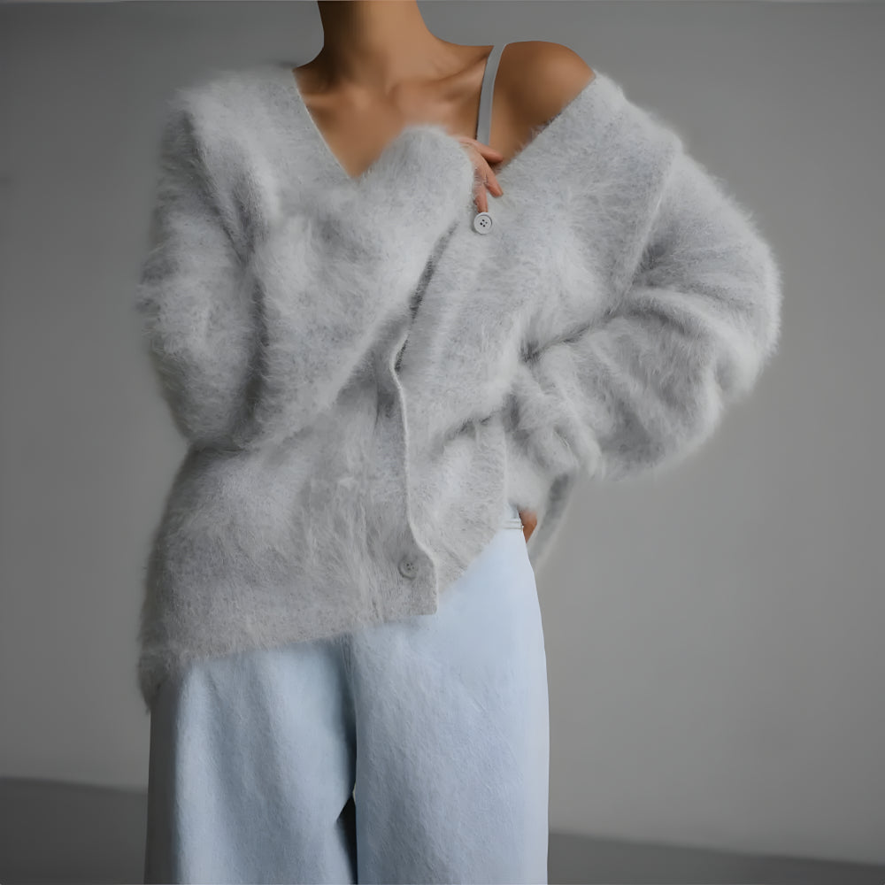 Women Oversized Fuzzy Cardigan | Soft Knitwear V Neck Sweater