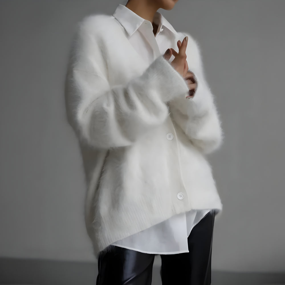 Women Oversized Fuzzy Cardigan | Soft Knitwear V Neck Sweater