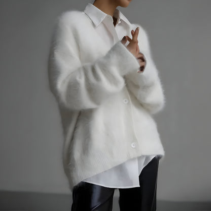 Women Oversized Fuzzy Cardigan | Soft Knitwear V Neck Sweater