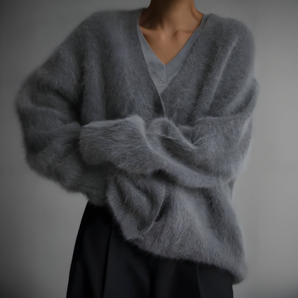 Women Oversized Fuzzy Cardigan | Soft Knitwear V Neck Sweater