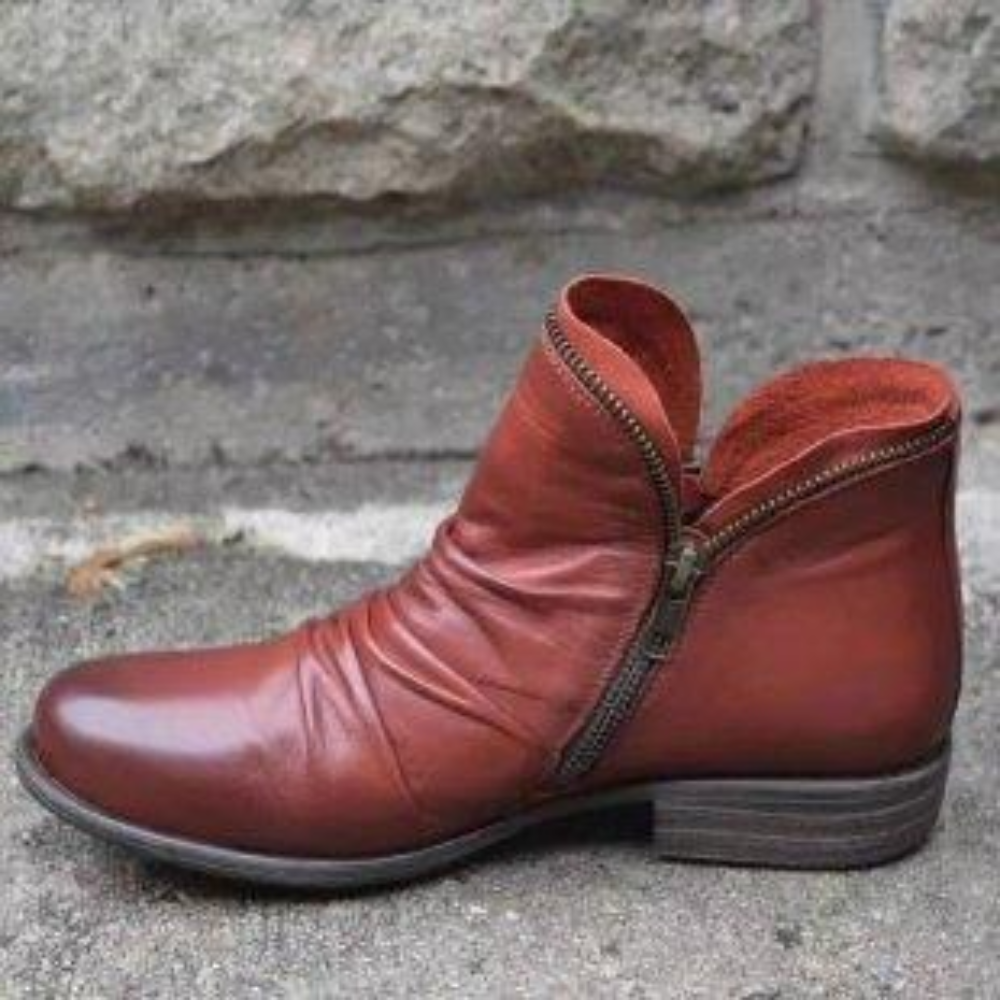 Women Leather Ankle Boots - Handmade Zipper Flat Shoes