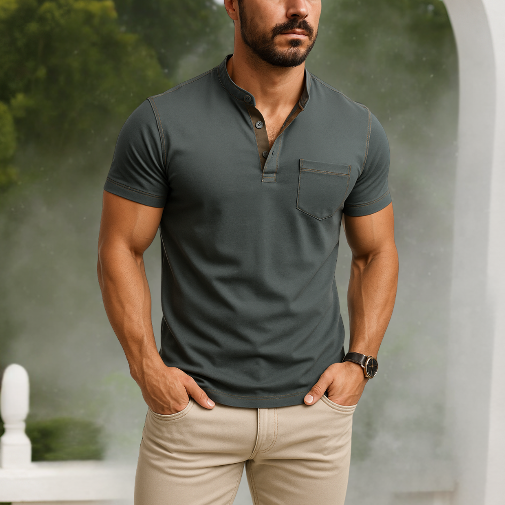 Men’s Casual Short Sleeve Henley Polo Shirt - Slim Fit Designer