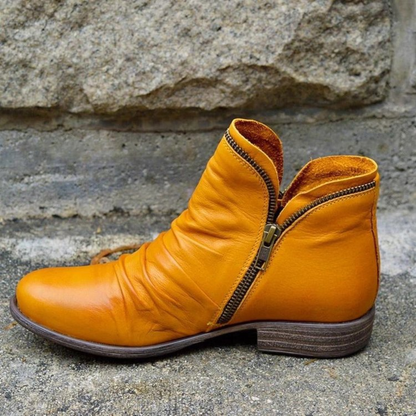 Women Leather Ankle Boots - Handmade Zipper Flat Shoes