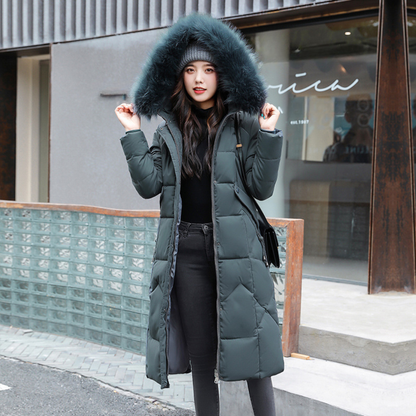 Women Long Puffer Winter Coat Faux Fur Hood - Warm Elegant