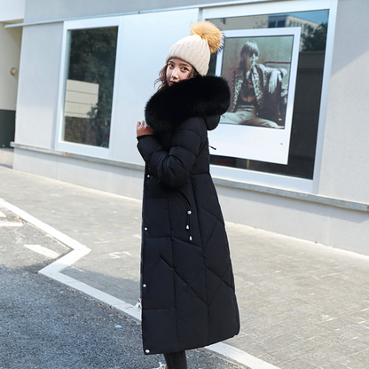 Women Long Puffer Winter Coat Faux Fur Hood - Warm Elegant