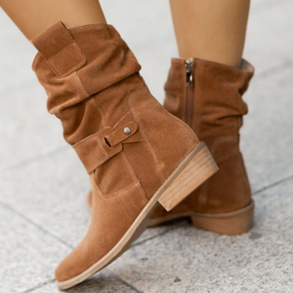 Women's Slouchy Ankle Boots - Suede Heels Strap Details