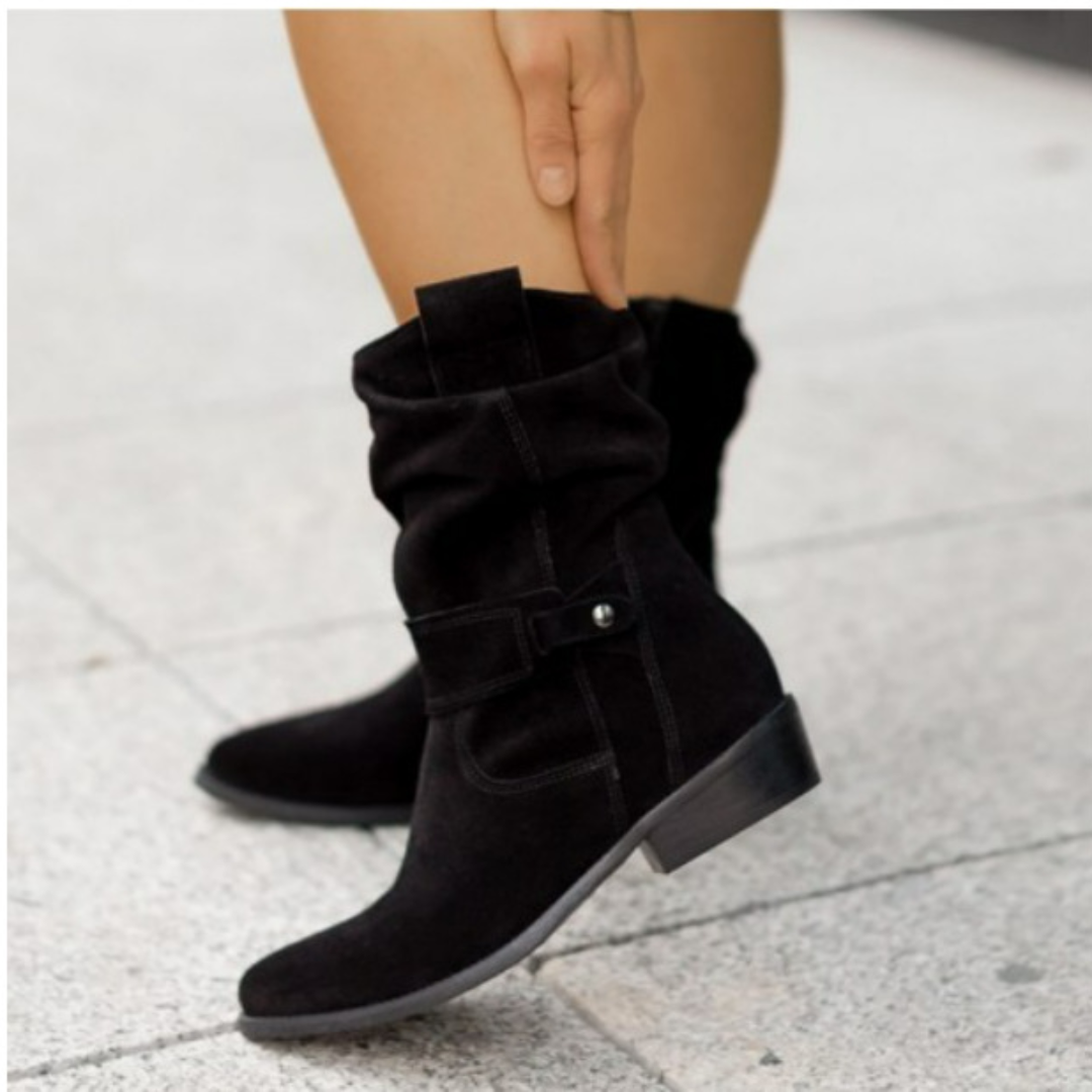 Women's Slouchy Ankle Boots - Suede Heels Strap Details