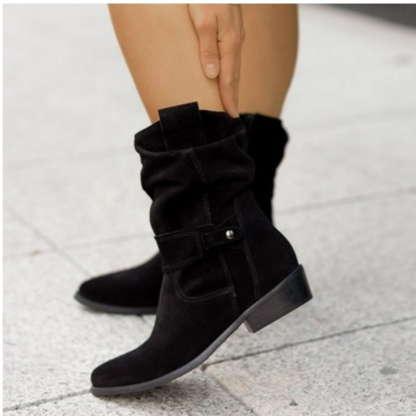 Women's Slouchy Ankle Boots - Suede Heels Strap Details