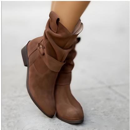 Women's Slouchy Ankle Boots - Suede Heels Strap Details