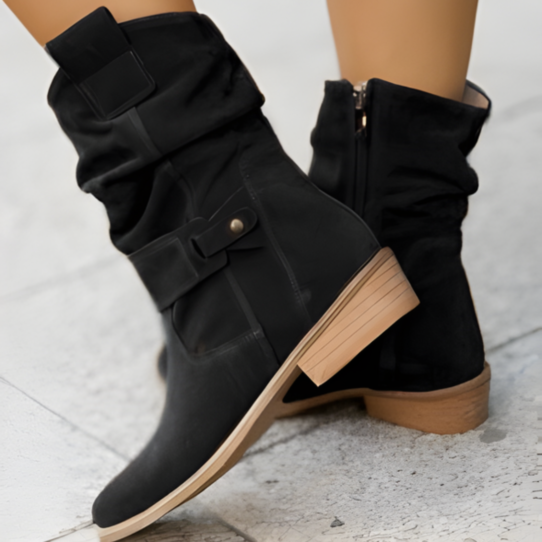 Women's Slouchy Ankle Boots - Suede Heels Strap Details