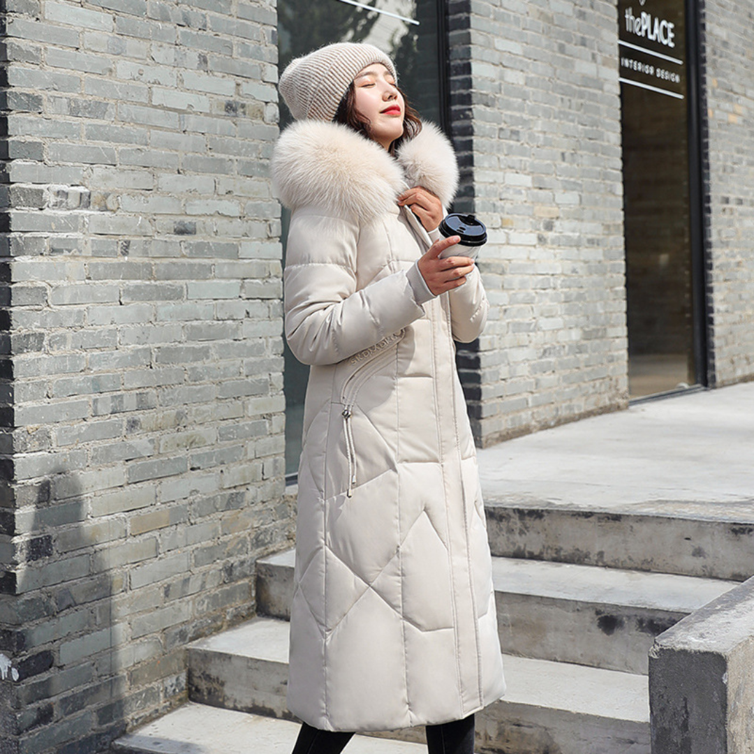 Women Long Puffer Winter Coat Faux Fur Hood - Warm Elegant