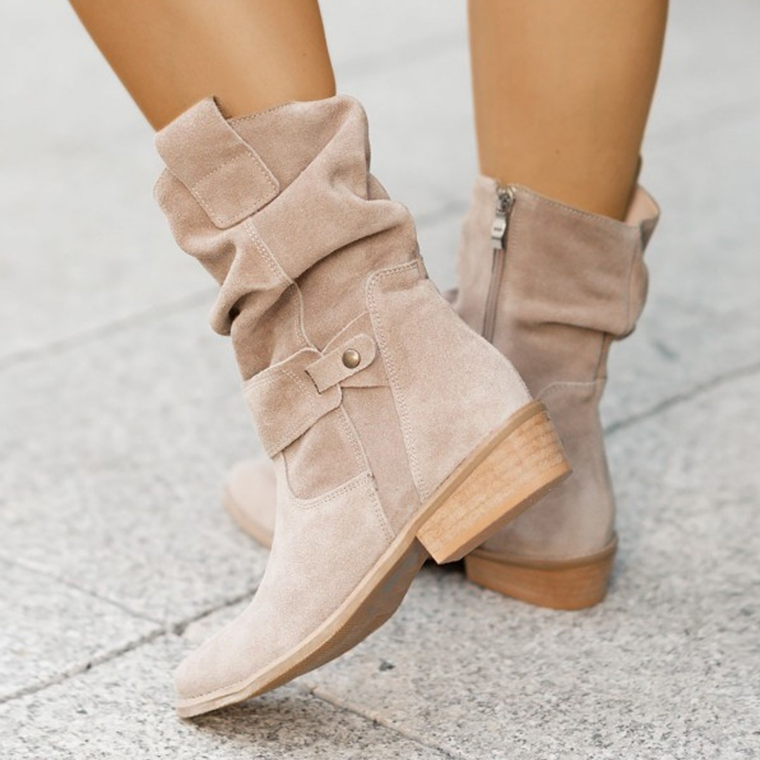 Women's Slouchy Ankle Boots - Suede Heels Strap Details