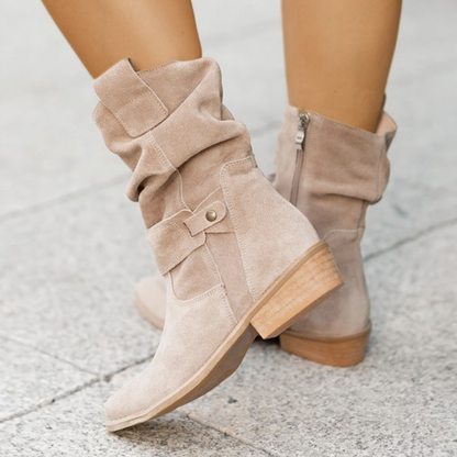 Women's Slouchy Ankle Boots - Suede Heels Strap Details