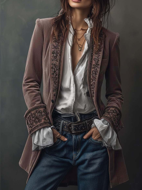 Women's Velvet Long Jacket Floral Embroidery Elegant Outerwear