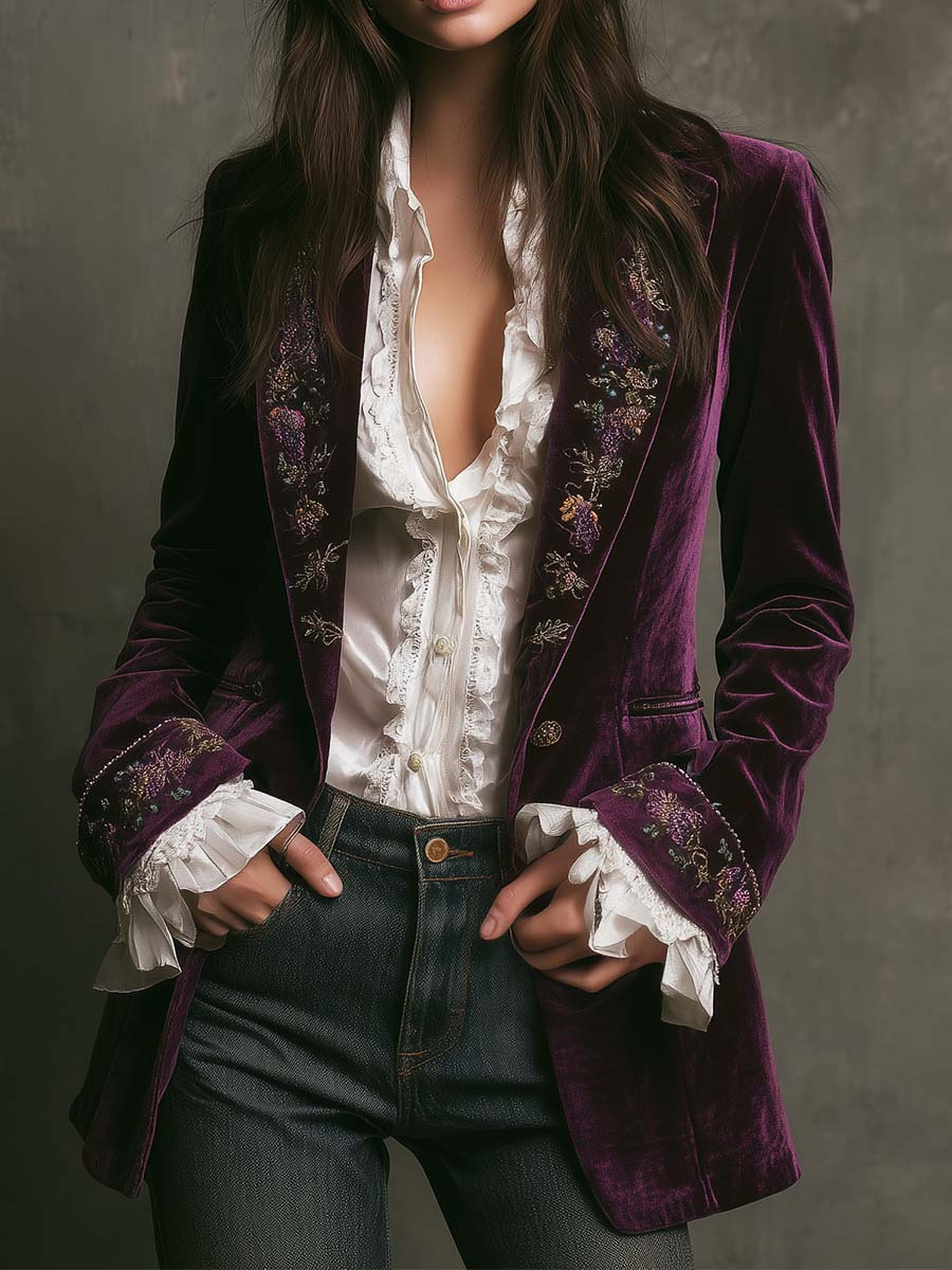 Women's Velvet Long Jacket Floral Embroidery Elegant Outerwear