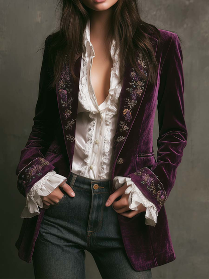 Women's Velvet Long Jacket Floral Embroidery Elegant Outerwear