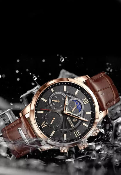 Men’s Elegant Leather Chronograph Watch | Quartz Moonphase