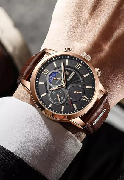 Men’s Elegant Leather Chronograph Watch | Quartz Moonphase