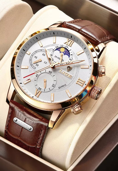 Men’s Elegant Leather Chronograph Watch | Quartz Moonphase